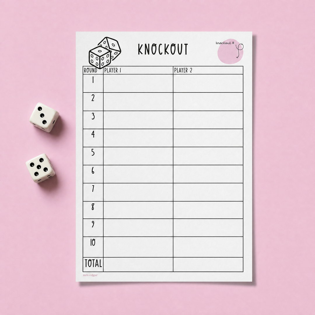 A printable Knockout math game score sheet featuring a simple table for two players to record their scores across ten rounds. The sheet includes dice illustrations and a total score section at the bottom. Surrounding the page are 2 dice.