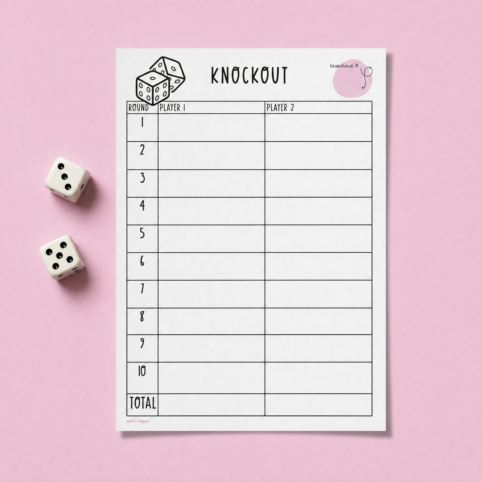 A printable Knockout math game score sheet featuring a simple table for two players to record their scores across ten rounds. The sheet includes dice illustrations and a total score section at the bottom. Surrounding the page are 2 dice.