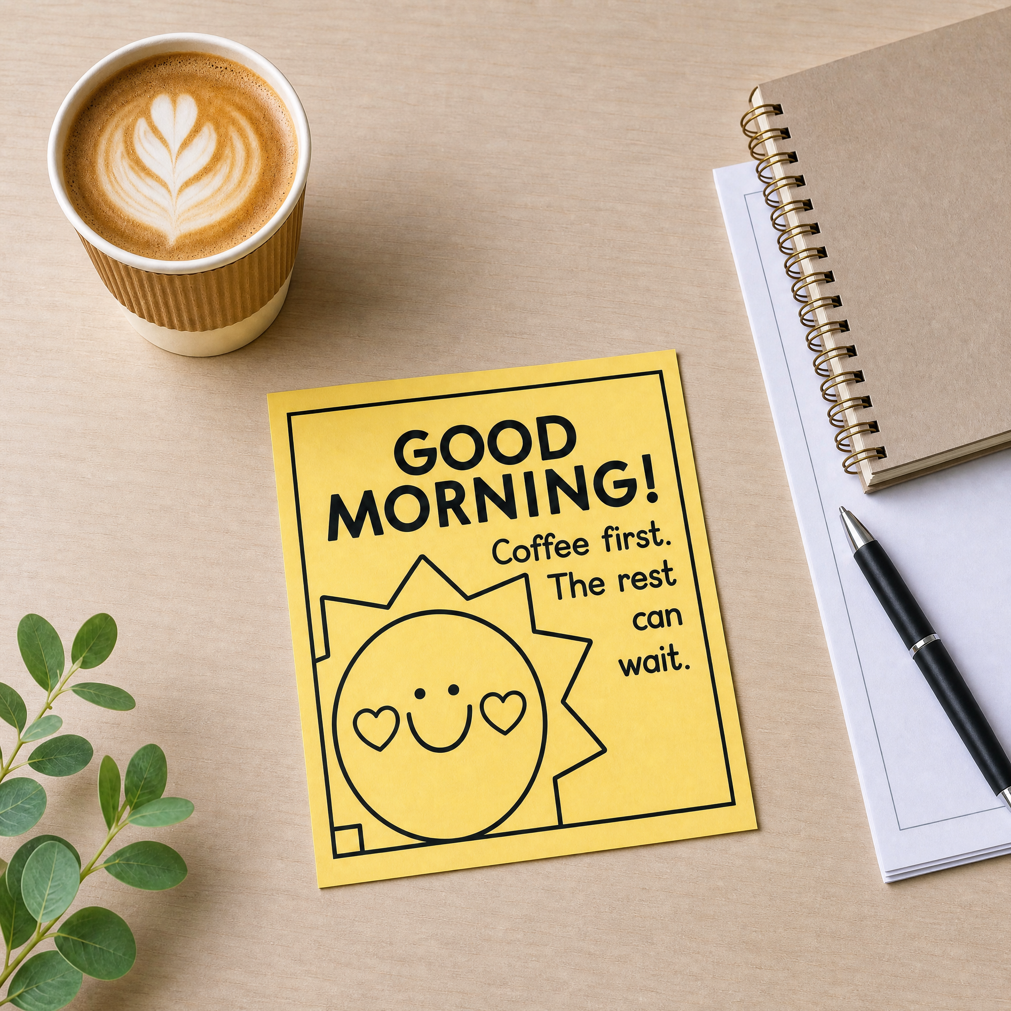 Cute coffee themed positive reminder card with smiling sun illustration, perfect for teacher appreciation and staff gifts.
