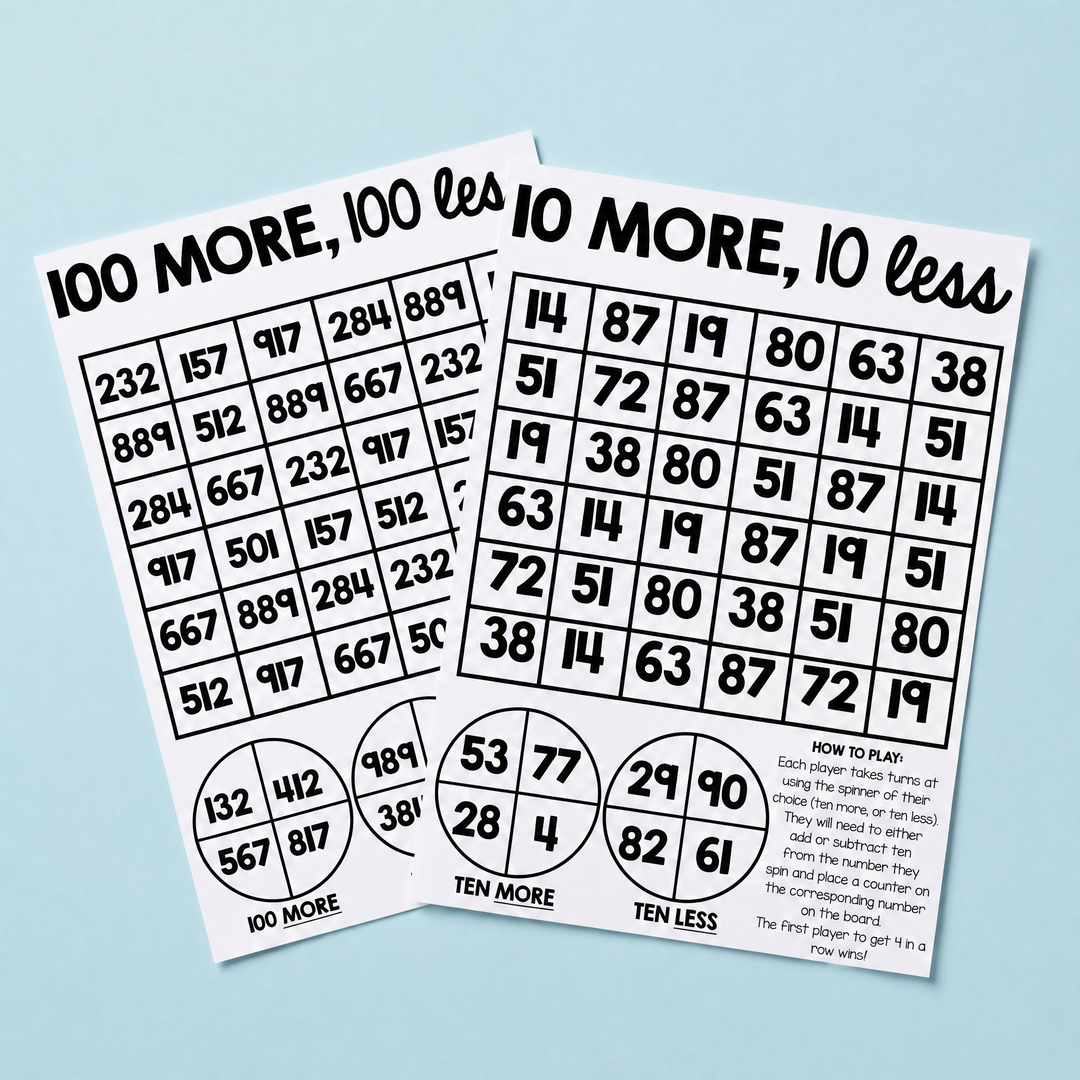 Two educational math worksheets with numbers and game instructions on a light blue background