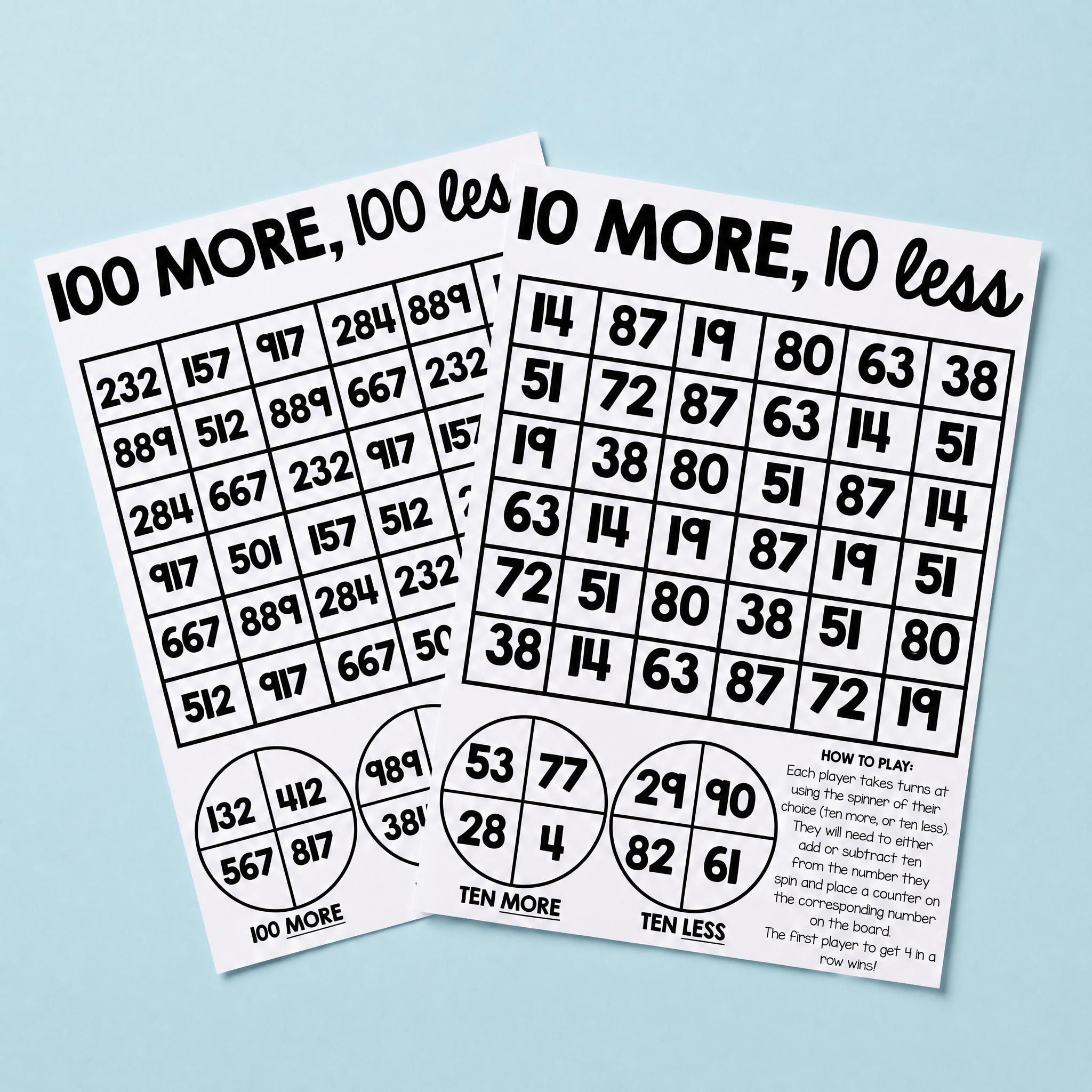 Two educational math worksheets with numbers and game instructions on a light blue background