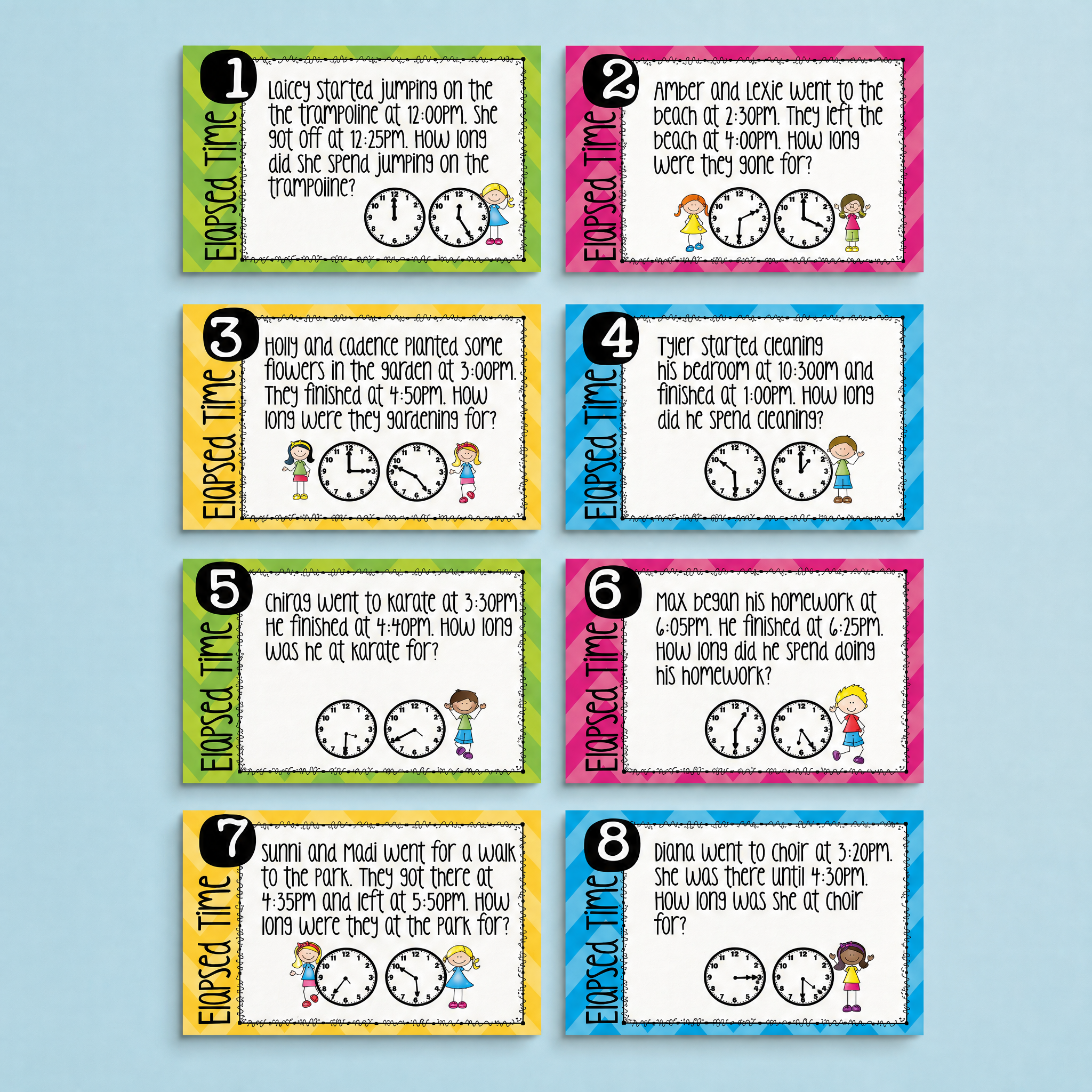 Set of elapsed time problem cards with illustrations and clocks on a blue background