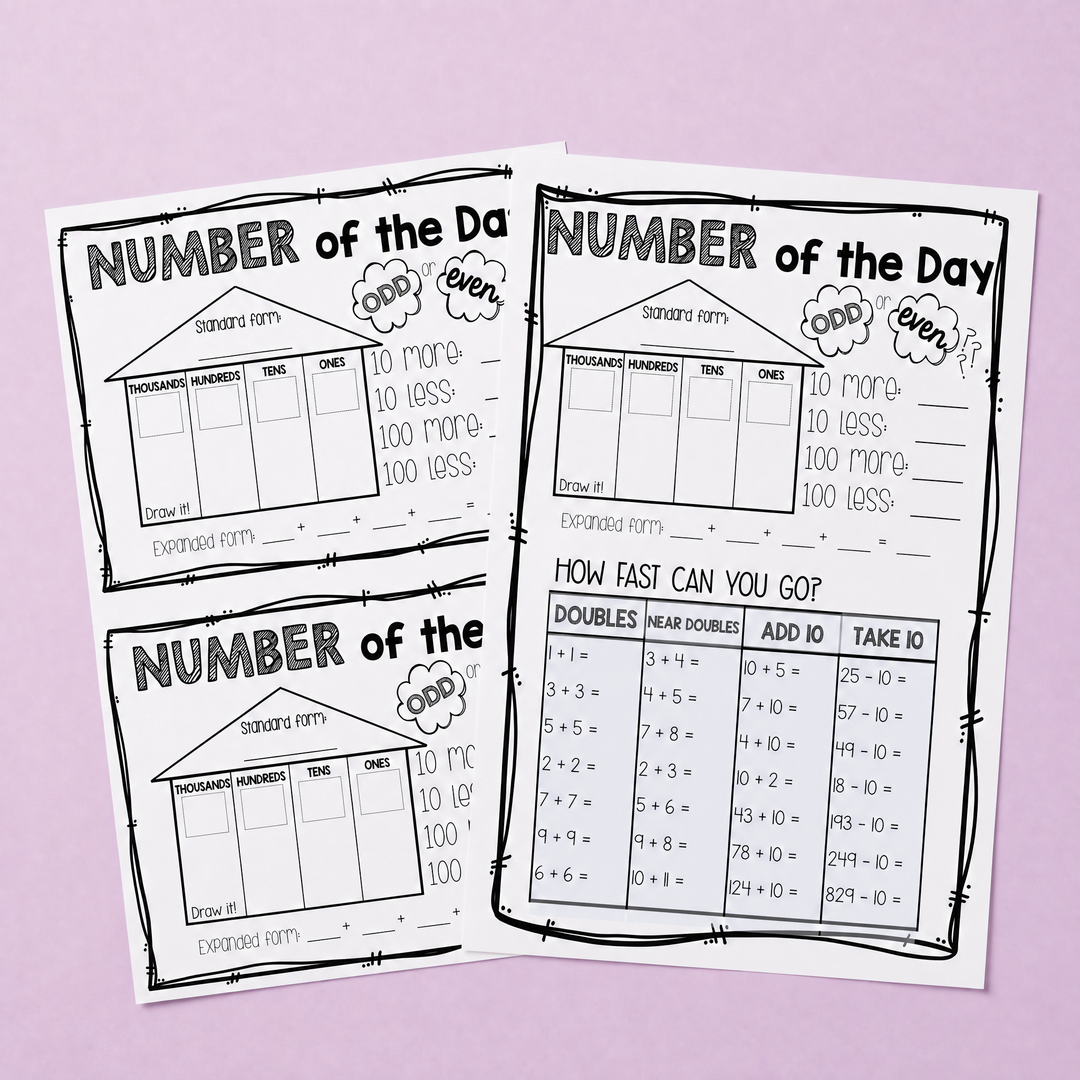 Number of the Day worksheets designed to build place value understanding, mental maths fluency, and number sense skills. Students practise representing numbers in standard and expanded form, identifying odd and even numbers, finding 10 and 100 more or less, and completing quick-fire doubles, near doubles, and add/subtract 10 activities.
