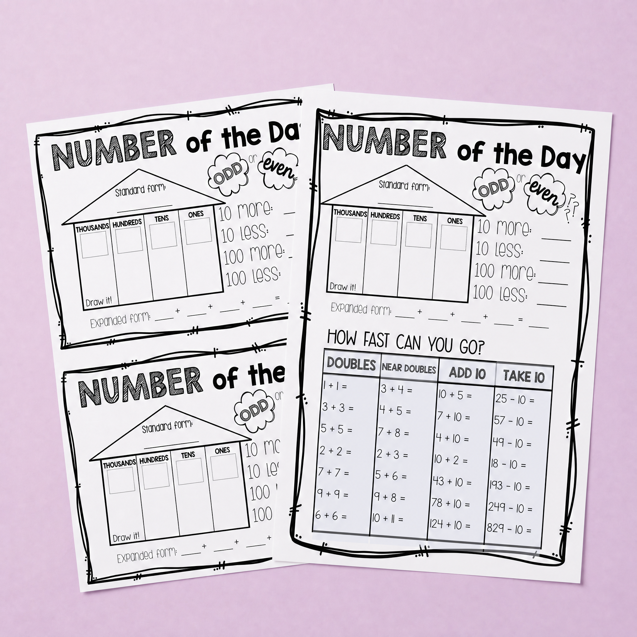 Number of the Day worksheets designed to build place value understanding, mental maths fluency, and number sense skills. Students practise representing numbers in standard and expanded form, identifying odd and even numbers, finding 10 and 100 more or less, and completing quick-fire doubles, near doubles, and add/subtract 10 activities.
