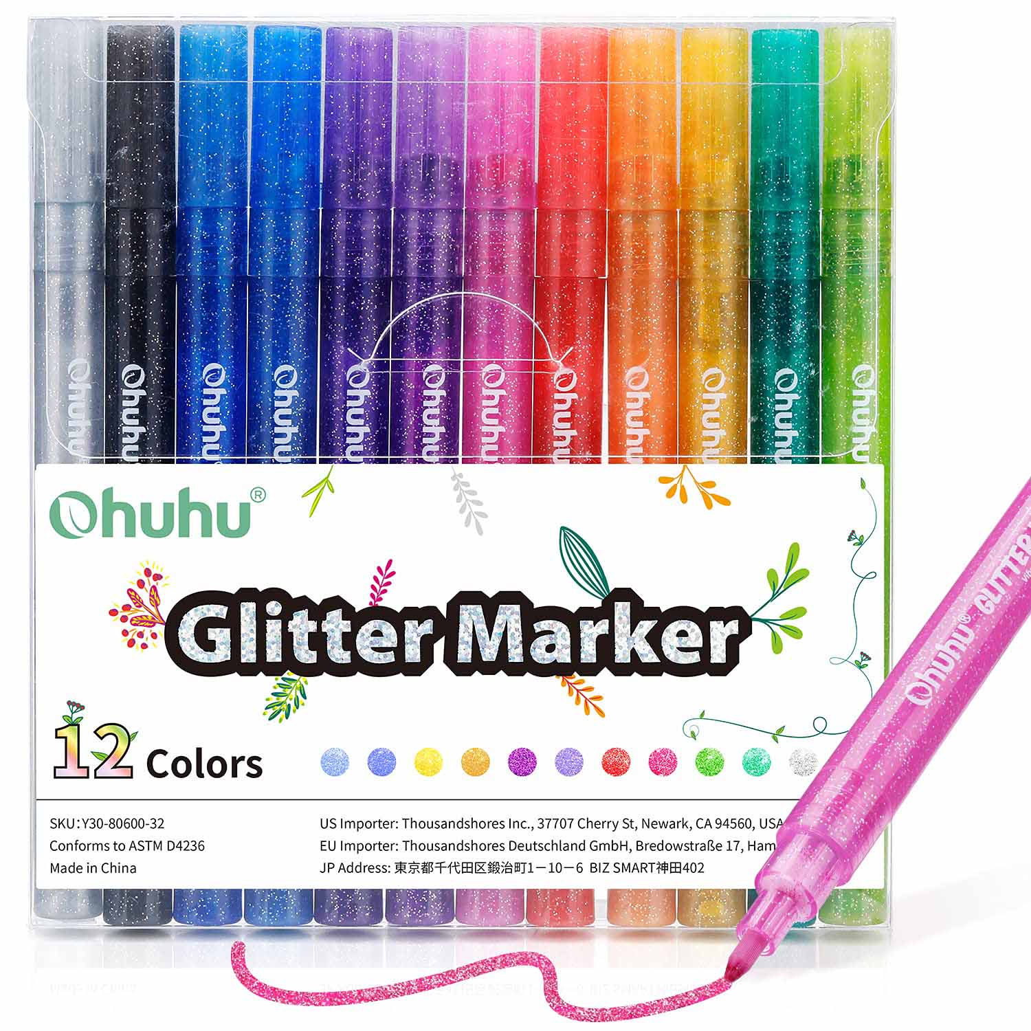 Set of 12 Ohuhu glitter markers in assorted colours, packaged in clear case.