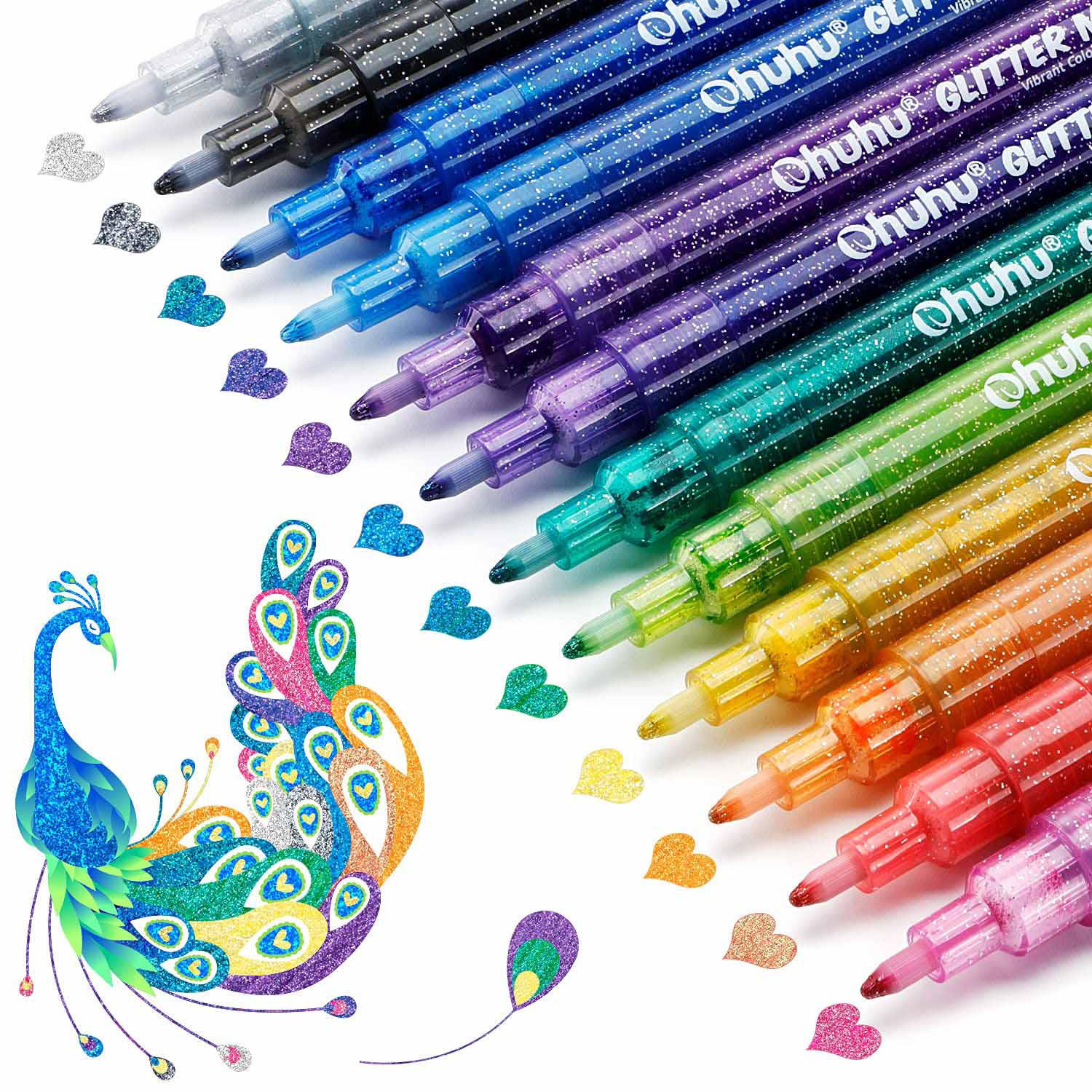Ohuhu glitter marker set with 12 colours displayed in a transparent box.