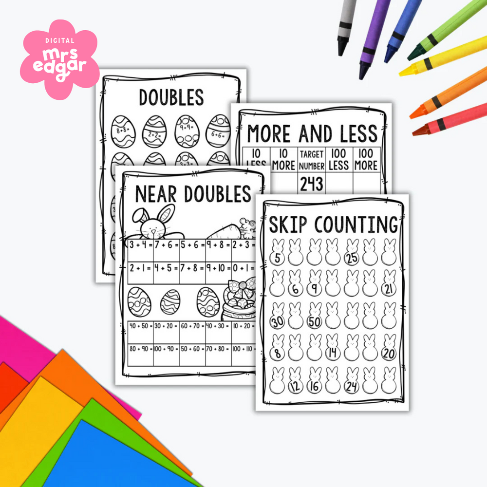 Four black-and-white Easter-themed math worksheets are displayed layered together on a light grey background. The worksheets are titled “Doubles,” “Near Doubles,” “More and Less,” and “Skip Counting.” Activities include addition problems, counting patterns, and number exercises using Easter eggs and bunny shapes. Bright crayons and colorful paper decorate the corners of the image, and a pink “Digital Mrs Edgar” logo appears in the top left corner.