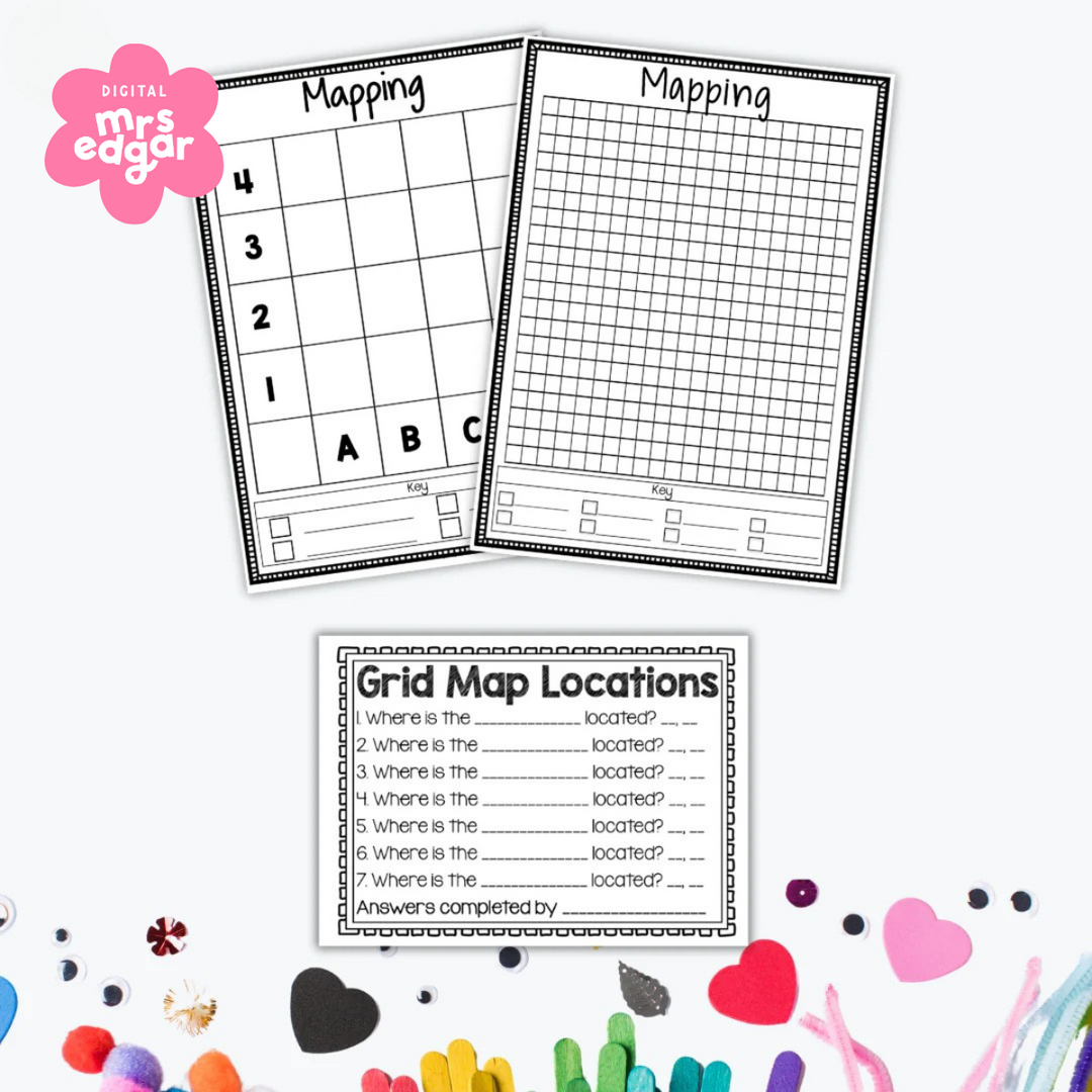 Three printable worksheets for grid mapping activities, including a 4x4 grid, a large detailed grid, and a 'Grid Map Locations' sheet with space to record coordinates and answers. Decorative classroom elements like colourful pom-poms, hearts, and googly eyes are scattered at the bottom for a creative touch