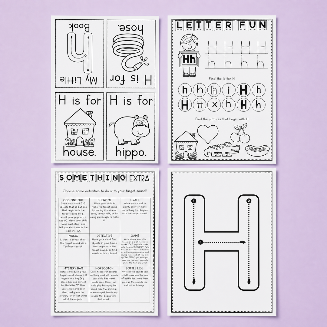 Printable Letter H phonics and handwriting activity pack for preschool and kindergarten students. Includes uppercase and lowercase H tracing practice, beginning sound recognition, mini flashcards, vocabulary cards featuring house and hippo, fine motor handwriting formation sheet, and extra literacy extension activities for early readers.