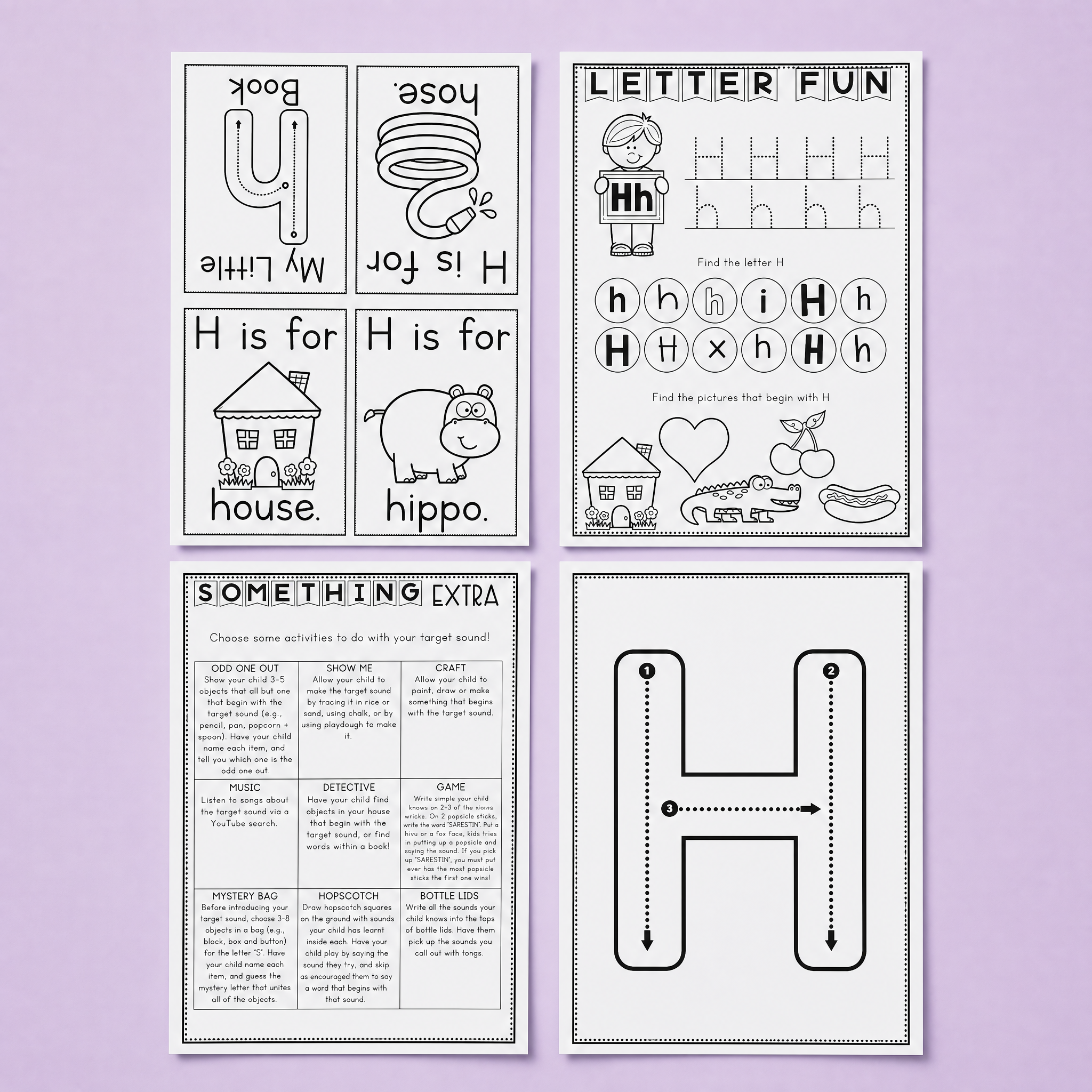 Printable Letter H phonics and handwriting activity pack for preschool and kindergarten students. Includes uppercase and lowercase H tracing practice, beginning sound recognition, mini flashcards, vocabulary cards featuring house and hippo, fine motor handwriting formation sheet, and extra literacy extension activities for early readers.