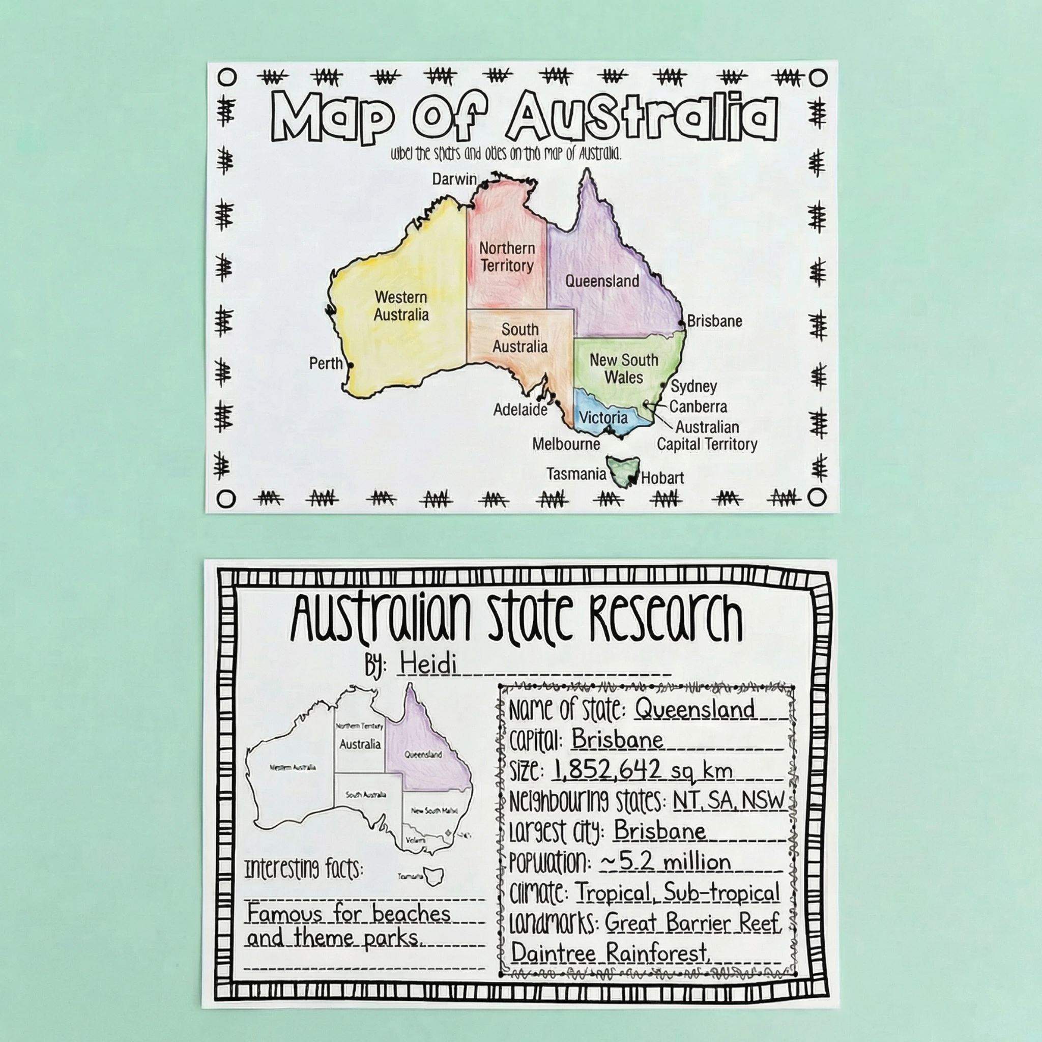 Australian Geography and HASS printable activities designed to help students explore the states and territories of Australia through mapping and research tasks. This engaging resource includes a labelled map of Australia worksheet and an Australian State Research template where students investigate capitals, population, climate, landmarks, neighbouring states, and interesting facts. Perfect for Year 2, Year 3, Year 4, homeschooling, classroom geography lessons, Australian curriculum studies