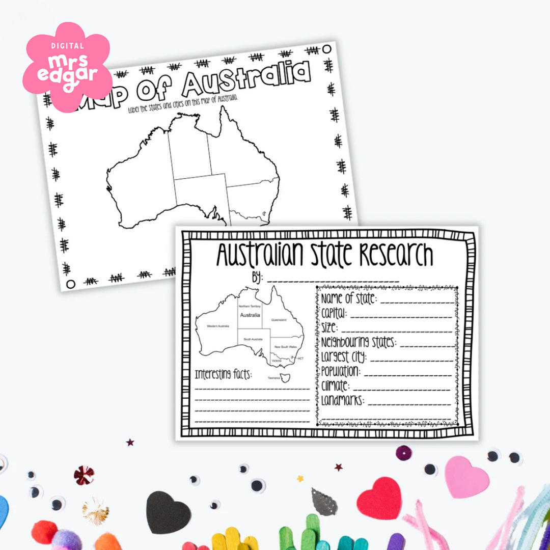Black and white printable map of Australia with labeled state borders and a research template asking students to fill in facts about a chosen state. Craft items like pom-poms and cutout hearts are scattered around the page.