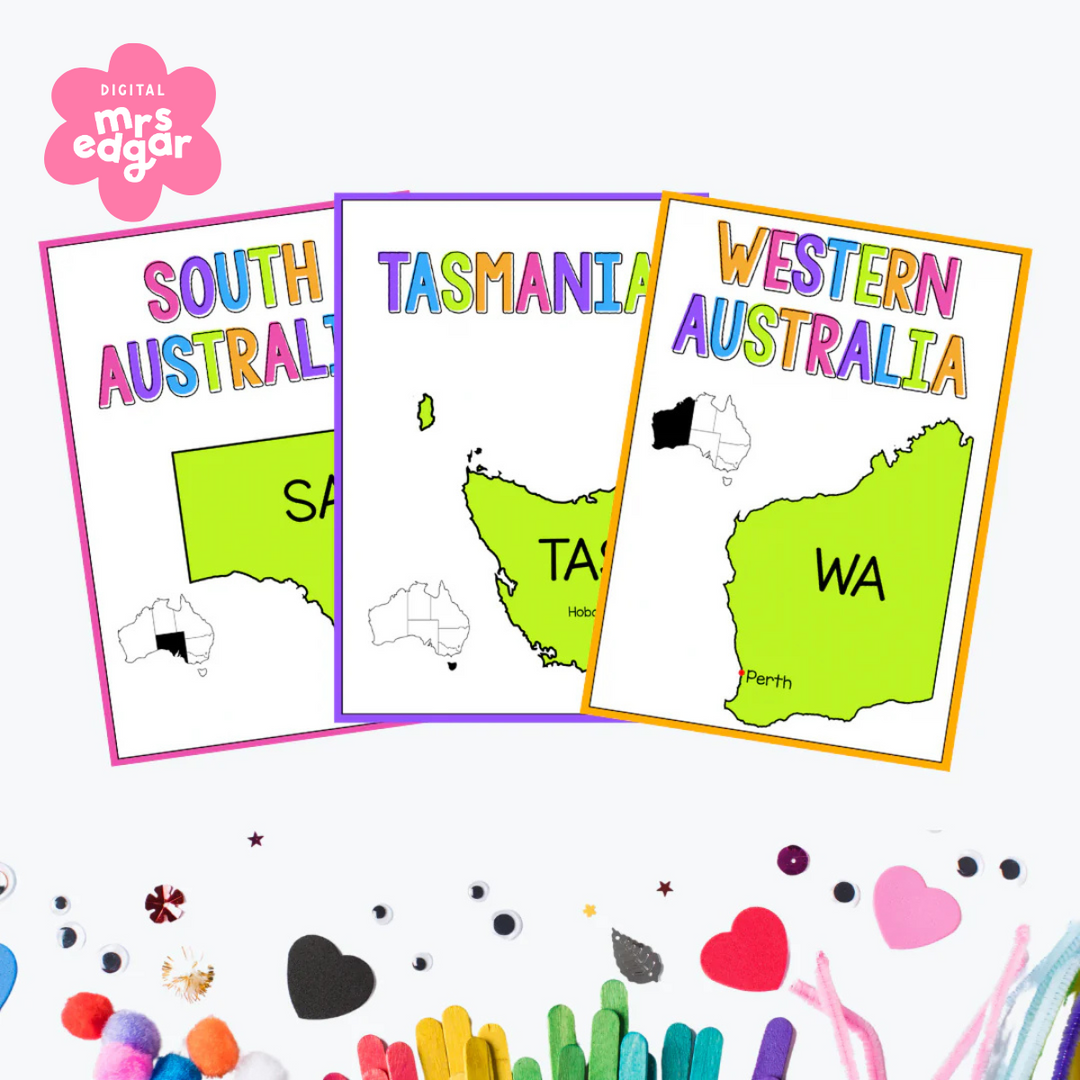 Three colourful posters showcasing Australian states: South Australia in pink, Tasmania in purple, and Western Australia in orange, each with the state's abbreviation and a highlighted map.
