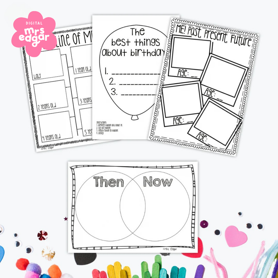 Digital Pre-Primary History Program activities, including 'Me: Past, Present, and Future' and 'The Best Thing About My Birthday,' displayed on a white background surrounded by craft items.