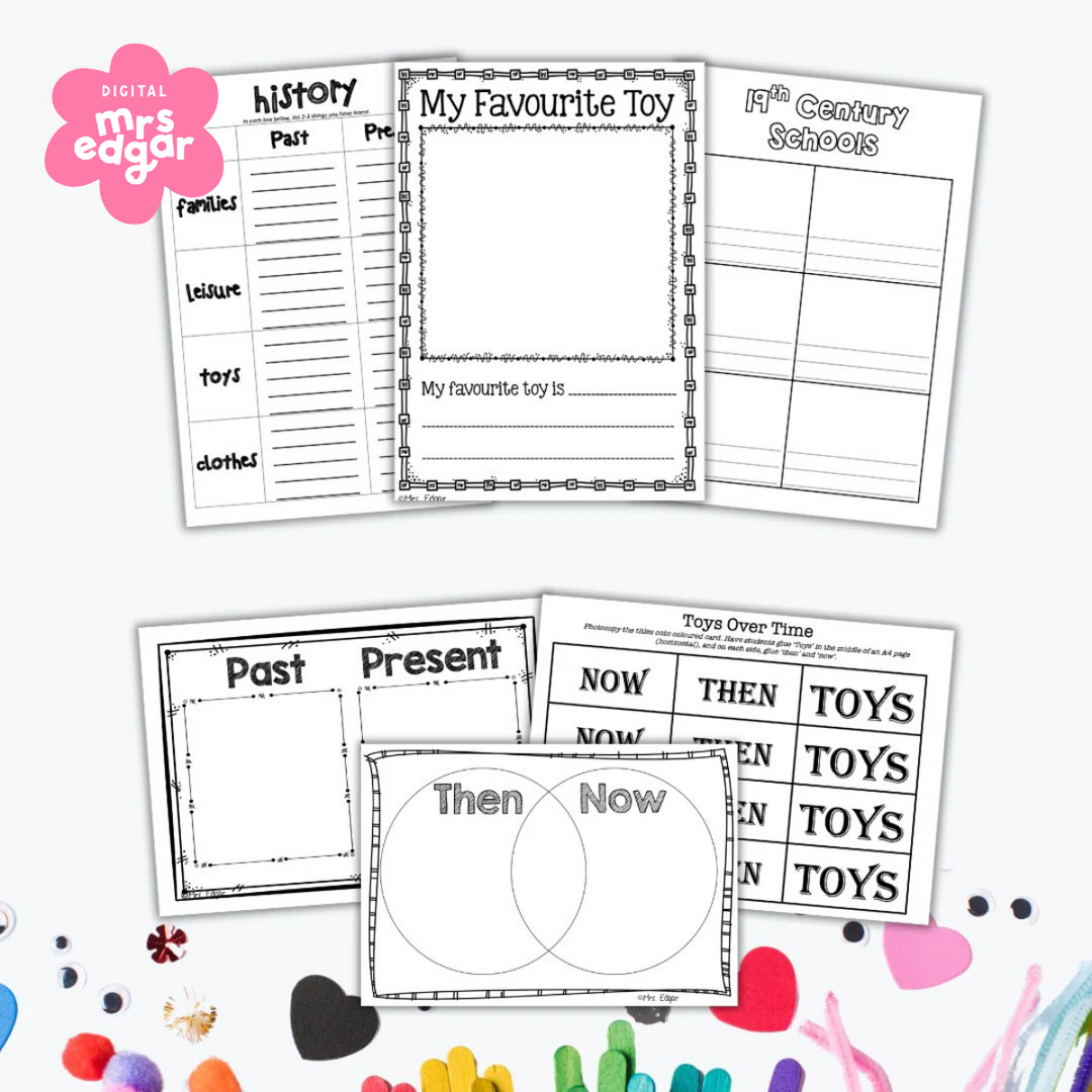 printable worksheets for kids focusing on history, past vs. present, and toys over time. Includes activities like writing, drawing, comparing, and sorting, with the Mrs Edgar Digital logo at the top.
