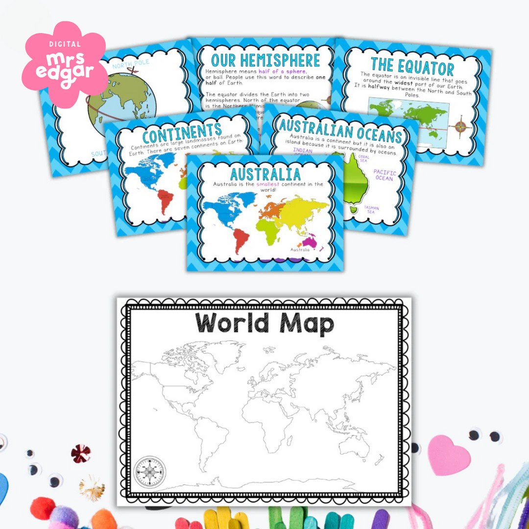 Set of vibrant geography PowerPoint slides and an activity worksheet for Year 2 students, showing a world map and details about continents, Australian oceans, hemispheres, and the equator.