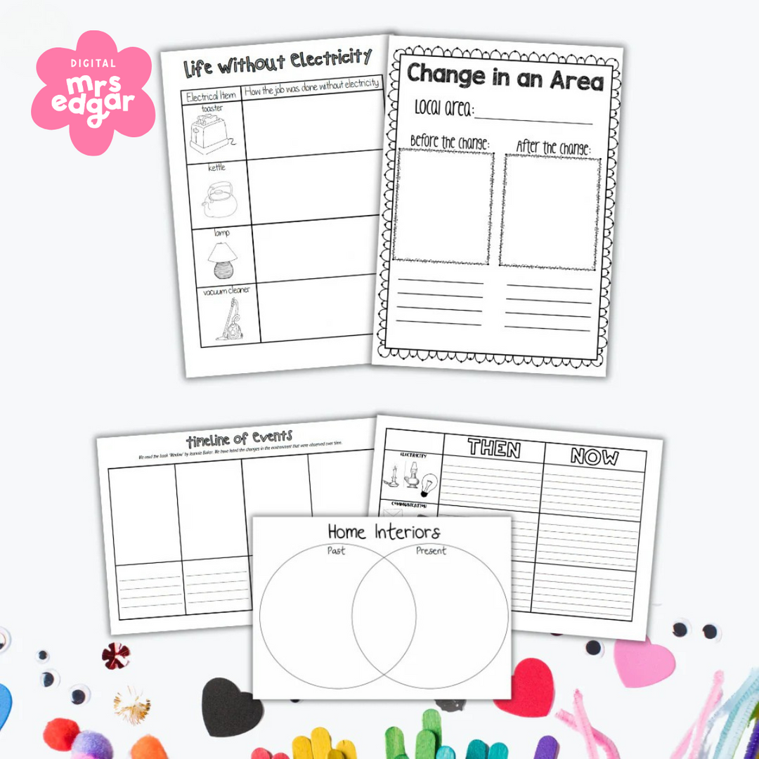 A set of black-and-white educational worksheets focusing on changes over time. Includes activities on life without electricity, local area changes, a timeline of events, a past vs. present Venn diagram, and a 'Then and Now' chart.