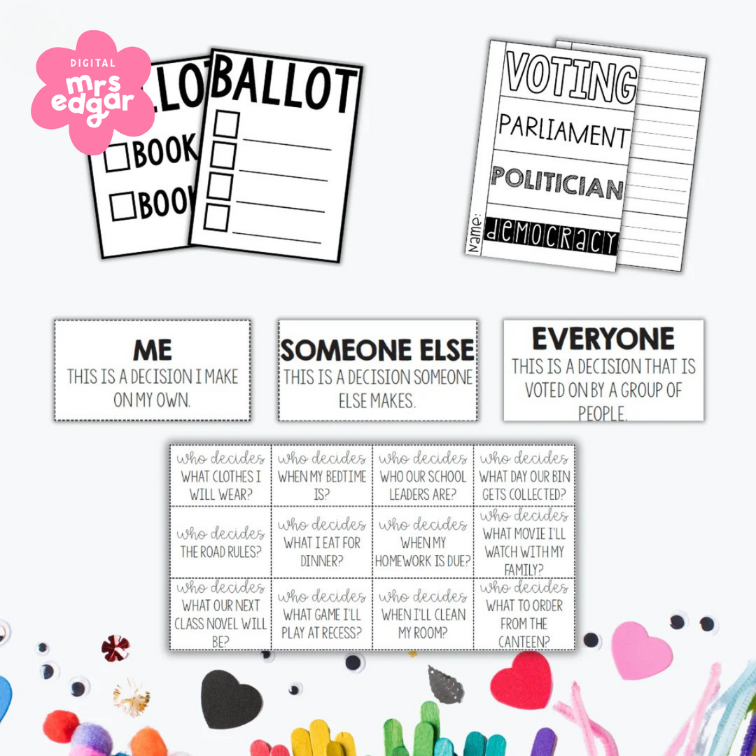 A collection of printable resources for Year 3 Civics and Citizenship, including ballot templates, vocabulary worksheets on voting and democracy, decision-making cards categorised as 'Me,' 'Someone Else,' and 'Everyone,' and a set of 'Who Decides?' activity cards.