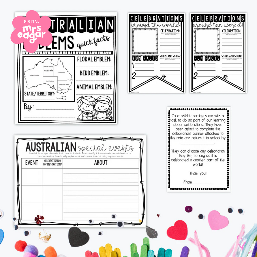 Digital Year 3 HASS printable worksheets on a white background surrounded by craft items, featuring Australian special events, emblems, and celebrations around the world activities.