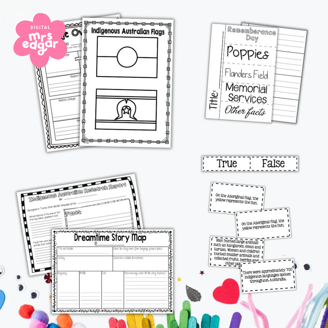 A set of Indigenous Australian-themed classroom activities, including a research template, a Dreamtime story map, and a true-or-false sorting activity about Indigenous history and culture.