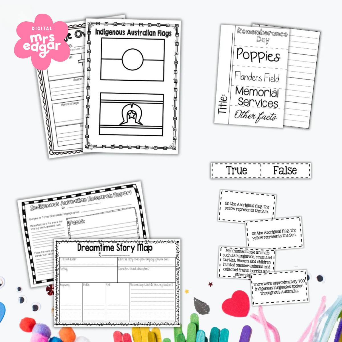 A set of Indigenous Australian-themed classroom activities, including a research template, a Dreamtime story map, and a true-or-false sorting activity about Indigenous history and culture.