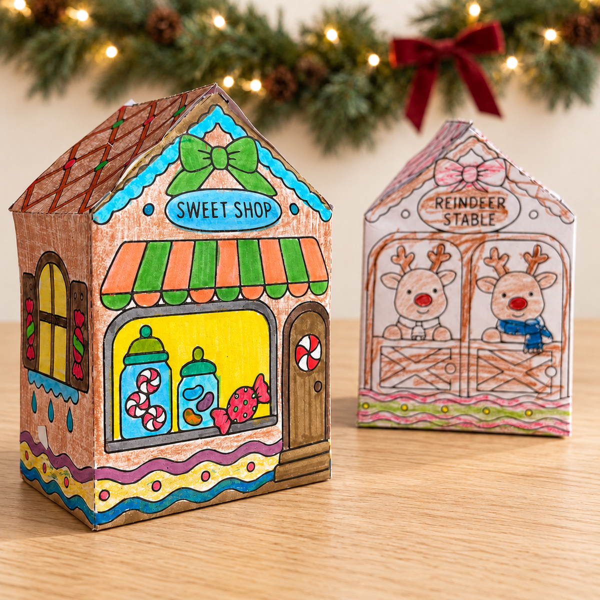 Christmas Village Craft – five coloured 3D paper gingerbread houses made from the Mrs Edgar printable templates