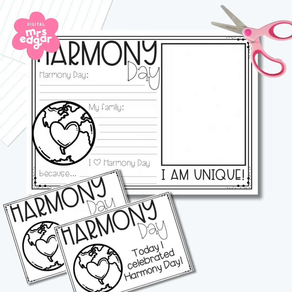  A Harmony Day worksheet with reflection prompts, accompanied by two small certificates that say "Today I celebrated Harmony Day!