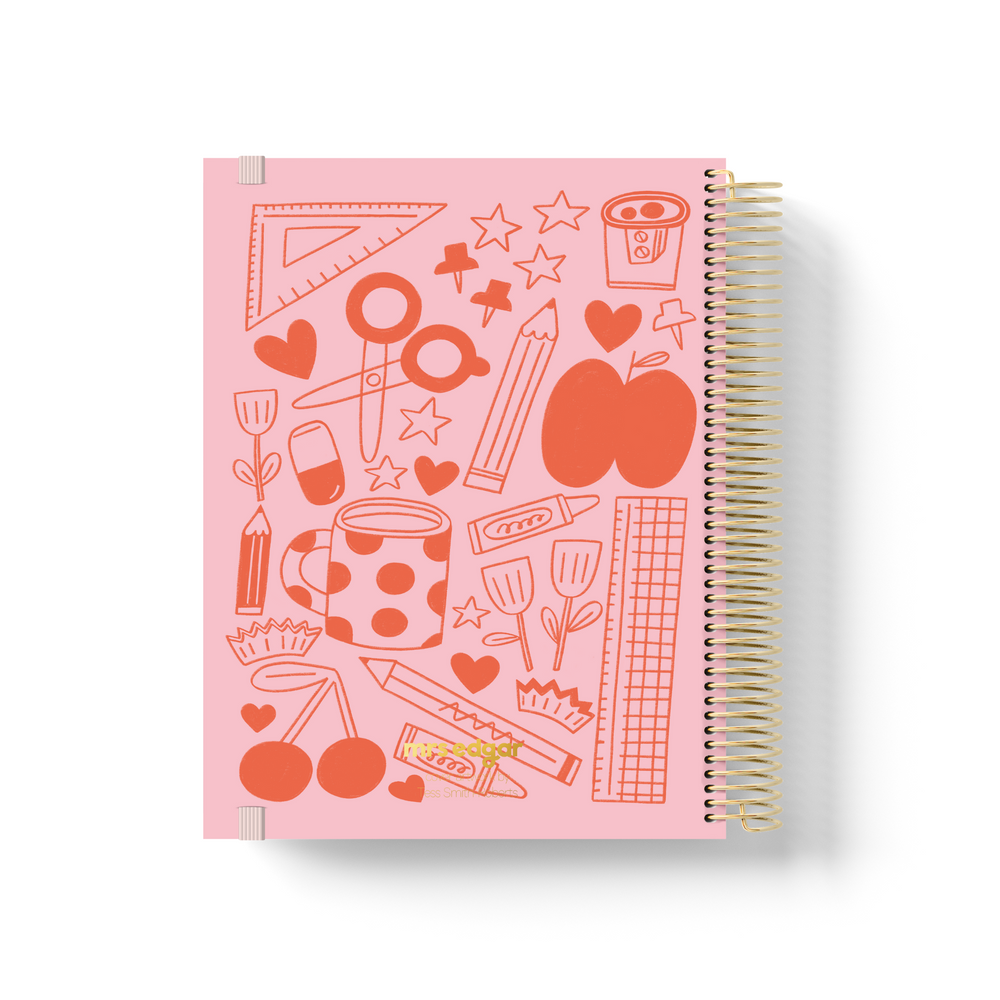 Pink 2026 teacher planner back cover with playful red-orange school supply illustrations and heart motifs.