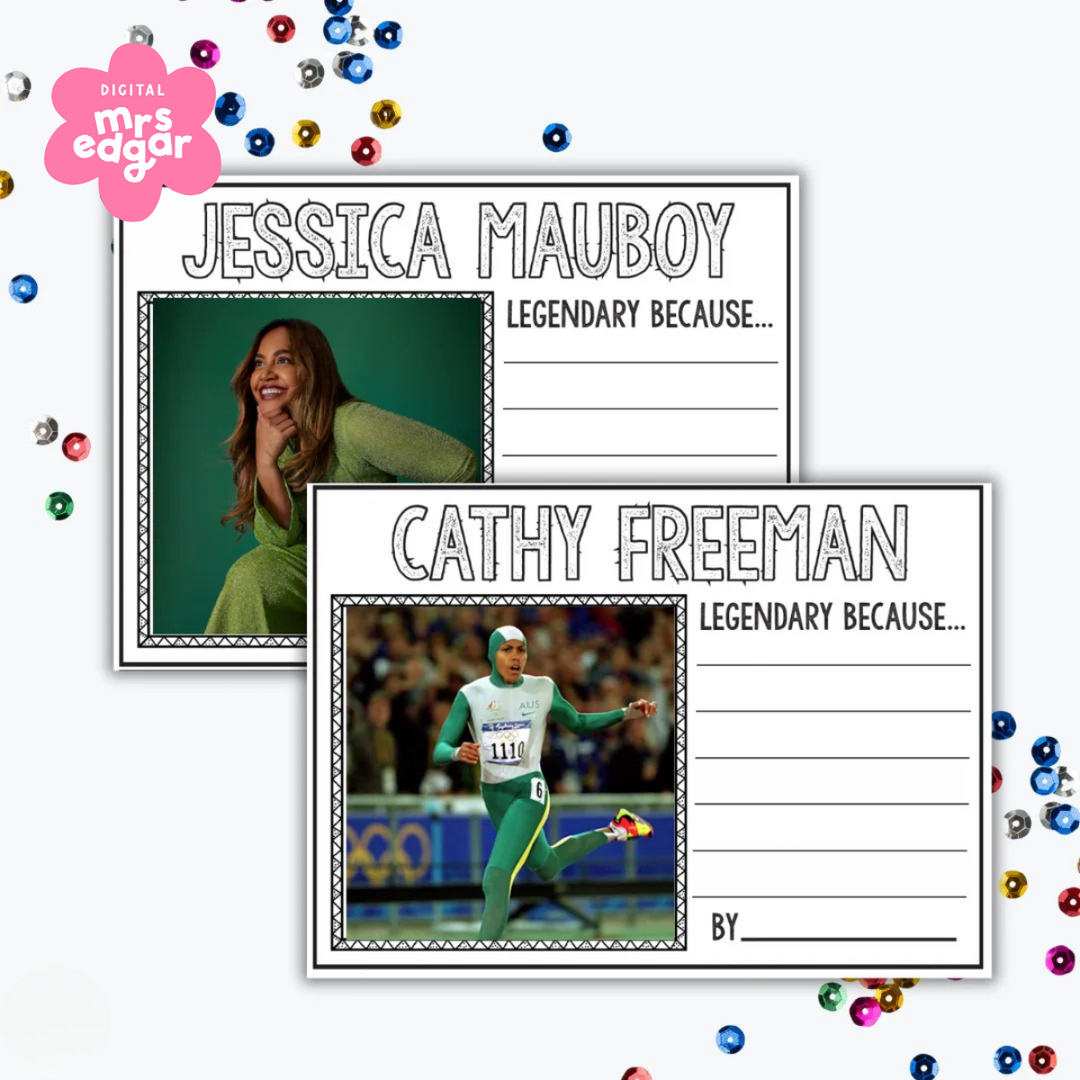 Editable Indigenous Legends worksheets highlighting Jessica Mauboy and Cathy Freeman, with sections for writing and images. Ideal for celebrating Aboriginal and Torres Strait Islander role models in the classroom.