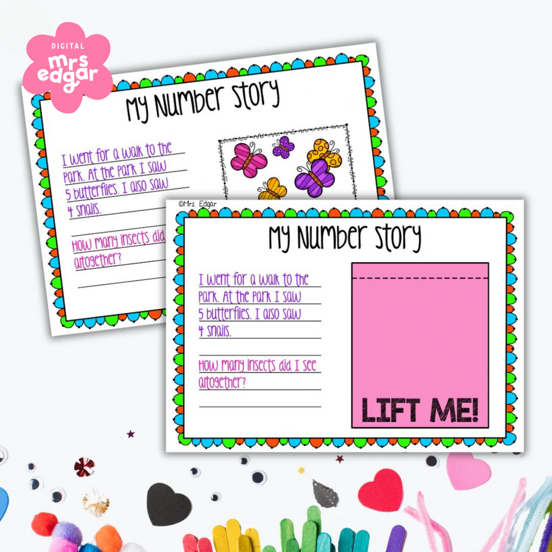A colourful worksheet titled 'My Number Story' featuring a math story problem with butterflies and snails illustrations. The worksheet includes space for students to write the story and answer the question about the total number of insects.