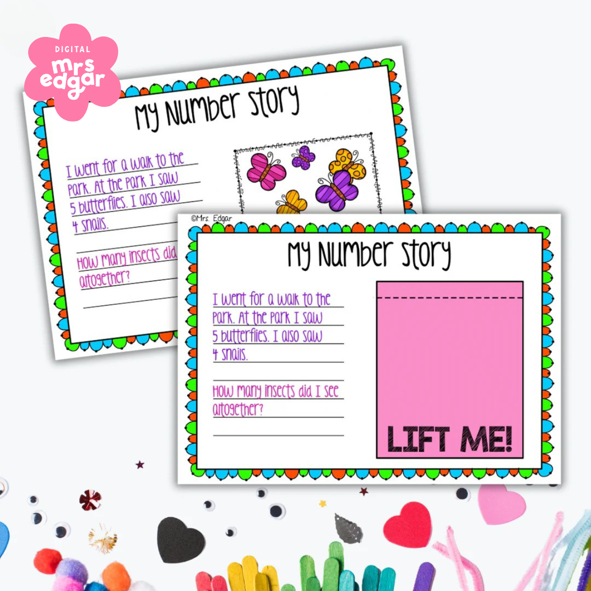 A colourful worksheet titled 'My Number Story' featuring a math story problem with butterflies and snails illustrations. The worksheet includes space for students to write the story and answer the question about the total number of insects.