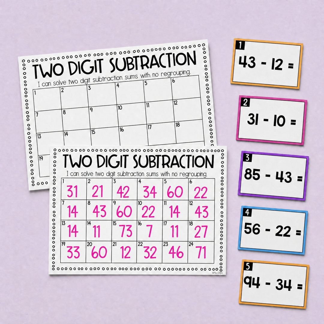 Includes a blank and completed two-digit subtraction answer sheet alongside task cards, encouraging interactive student participation.