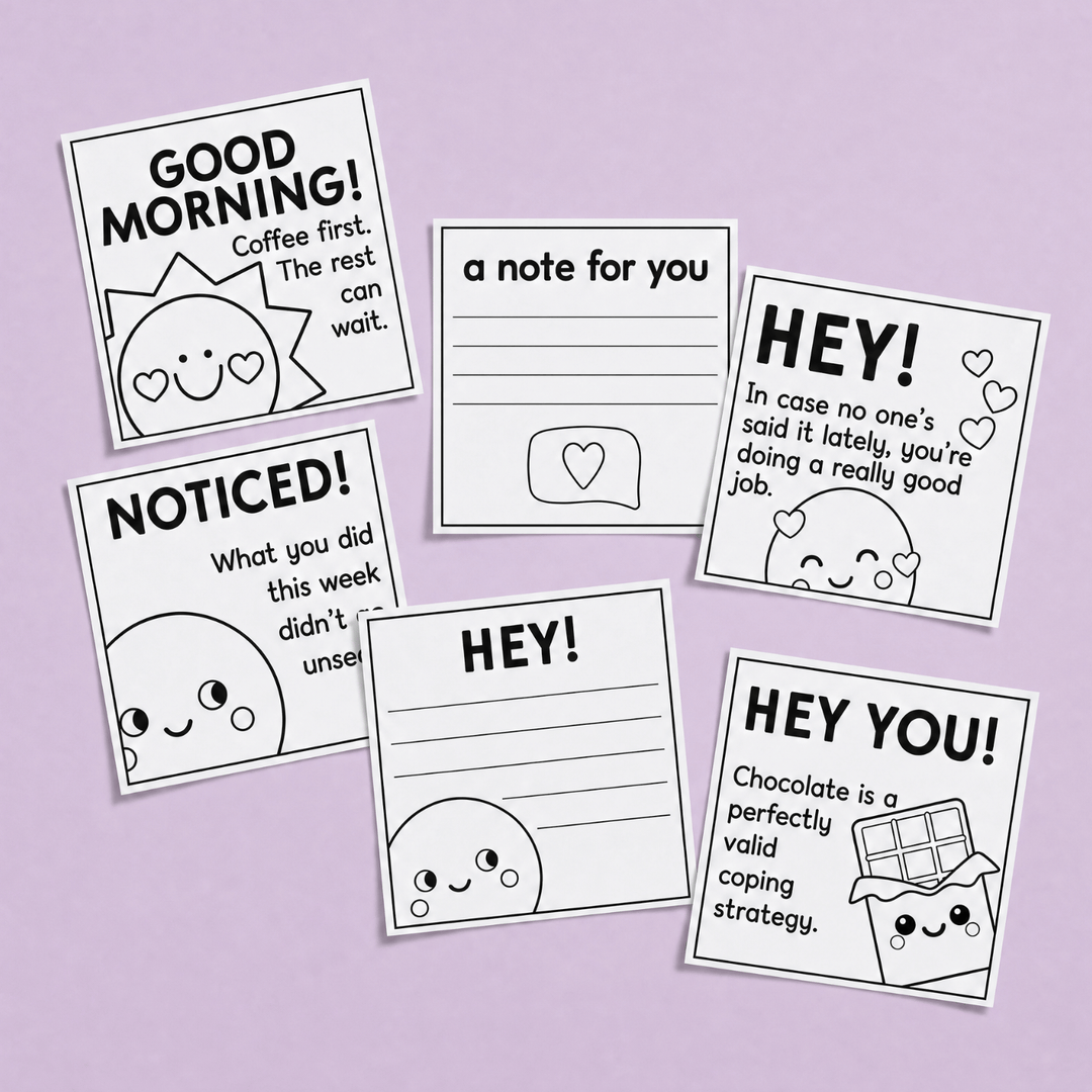 Staff wellbeing cards with 'Good Morning', blank note and affirmations on lilac background with cute character design.