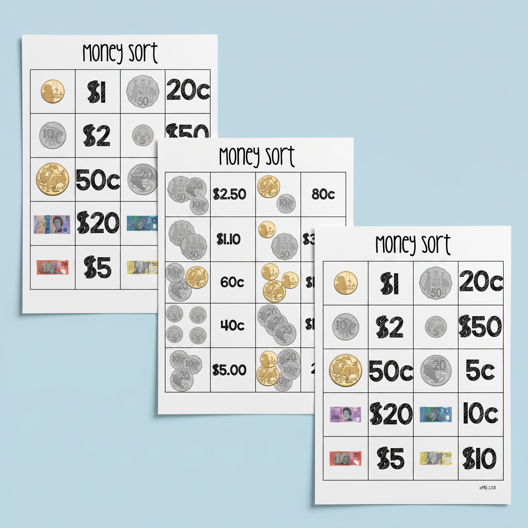 Australian money sort worksheets featuring Australian coins and notes matching activity, currency recognition task and early years maths practice.
