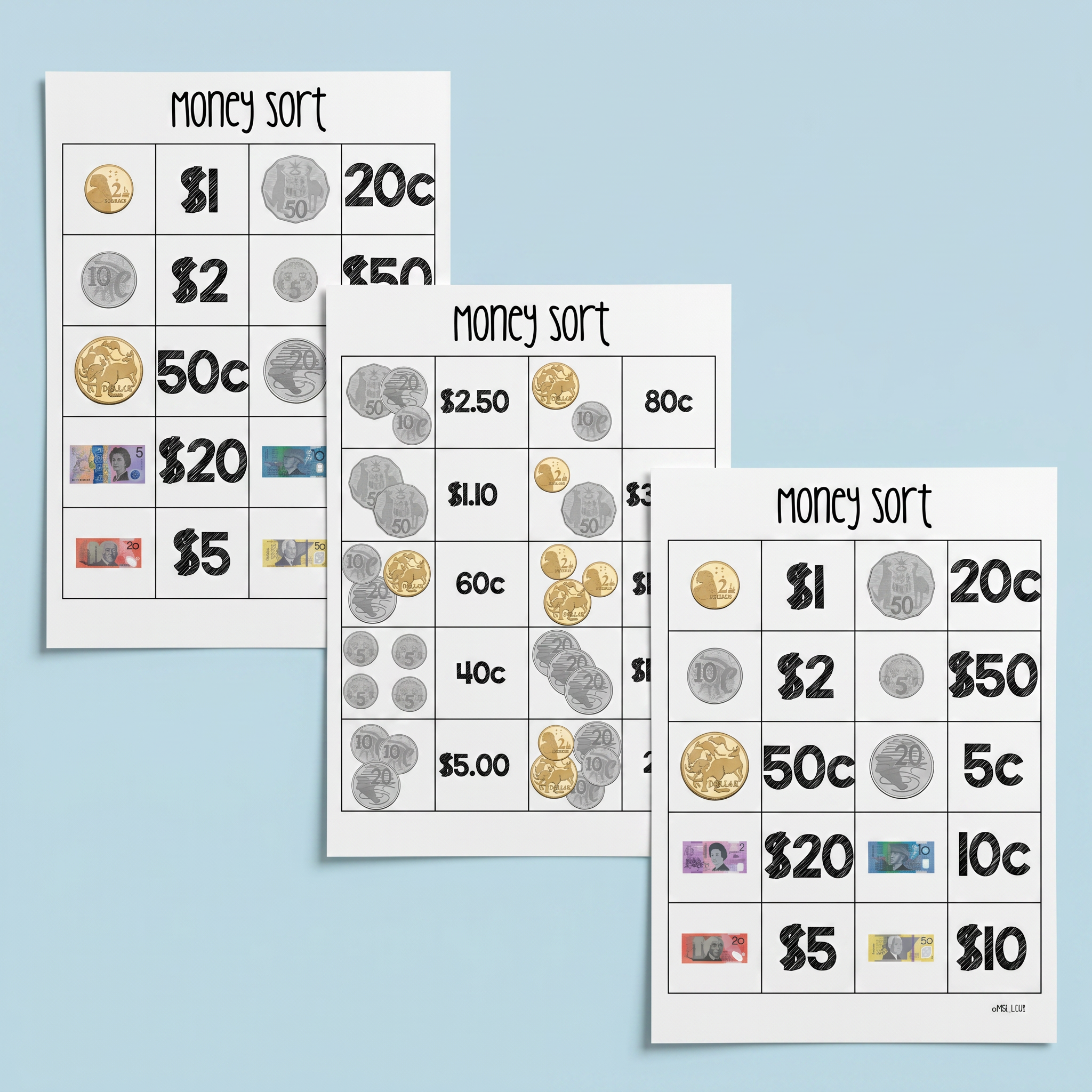 Australian money sort worksheets featuring Australian coins and notes matching activity, currency recognition task and early years maths practice.
