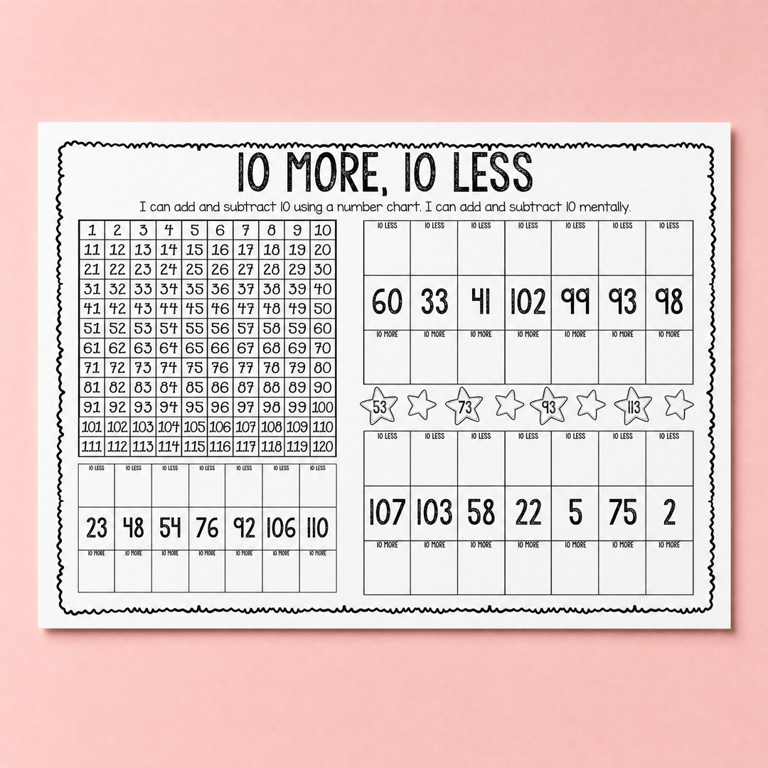 10 More, 10 Less worksheet with number chart practice to build mental maths and place value skills.