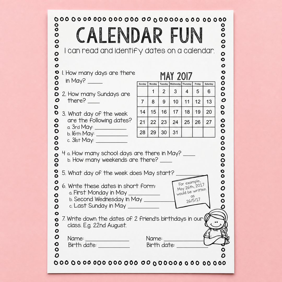 Calendar worksheet featuring a May 2017 calendar with questions about dates, weekdays, weekends and writing dates in short form for early years maths activities.
