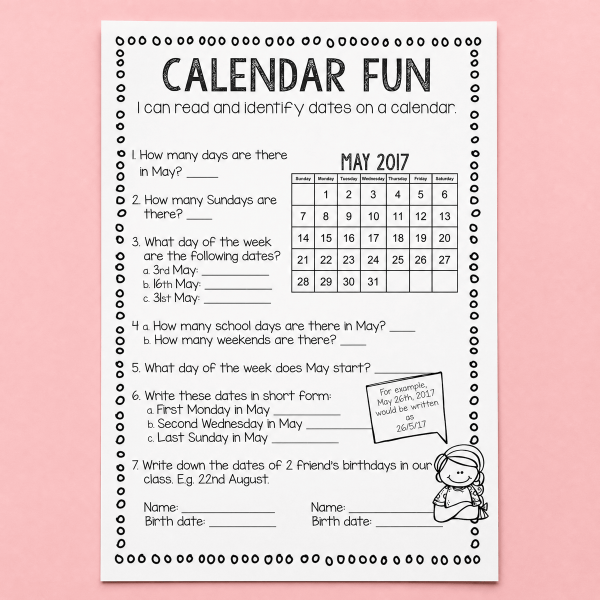 Calendar Fun Worksheet Primary Maths – Mrs Edgar