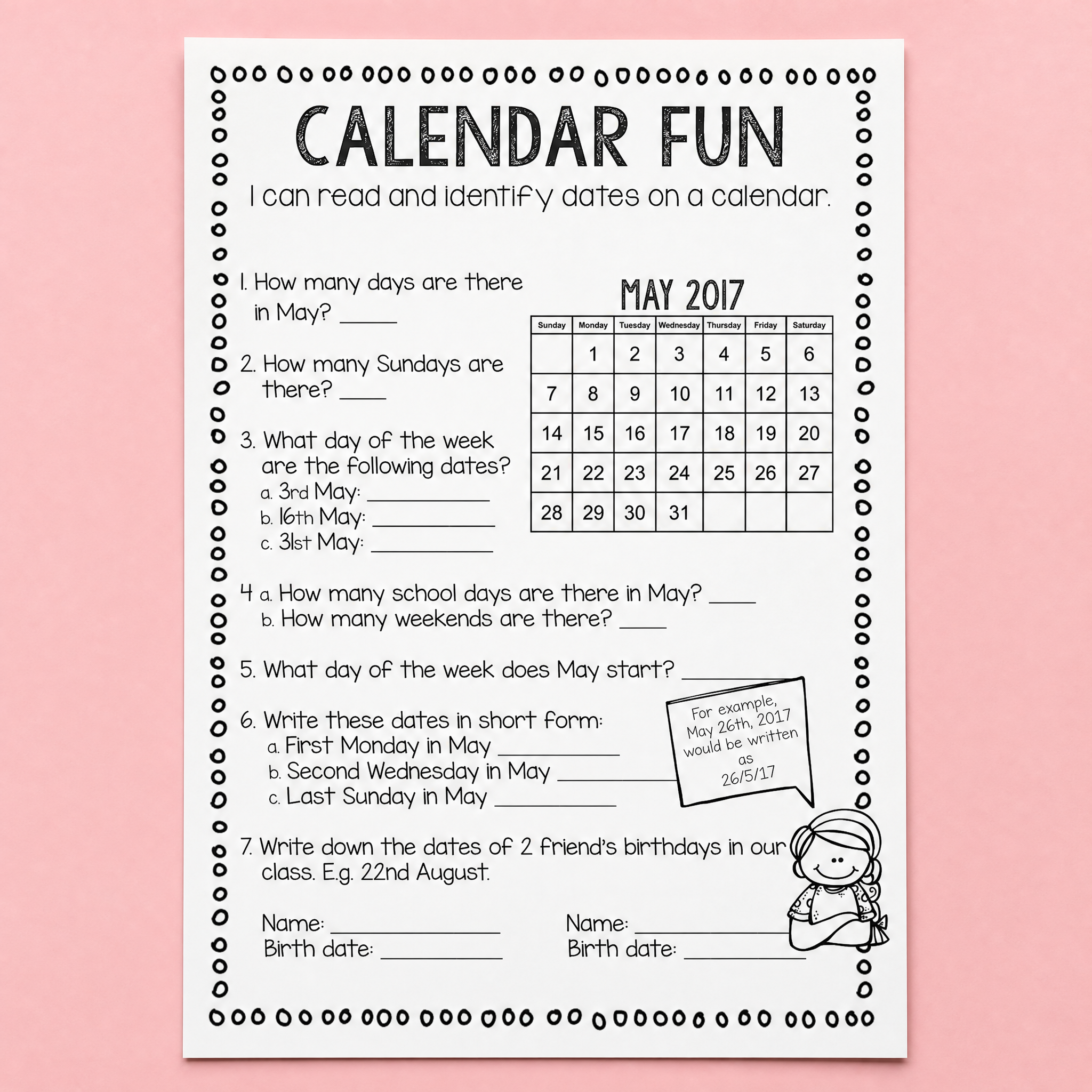 Calendar worksheet featuring a May 2017 calendar with questions about dates, weekdays, weekends and writing dates in short form for early years maths activities.
