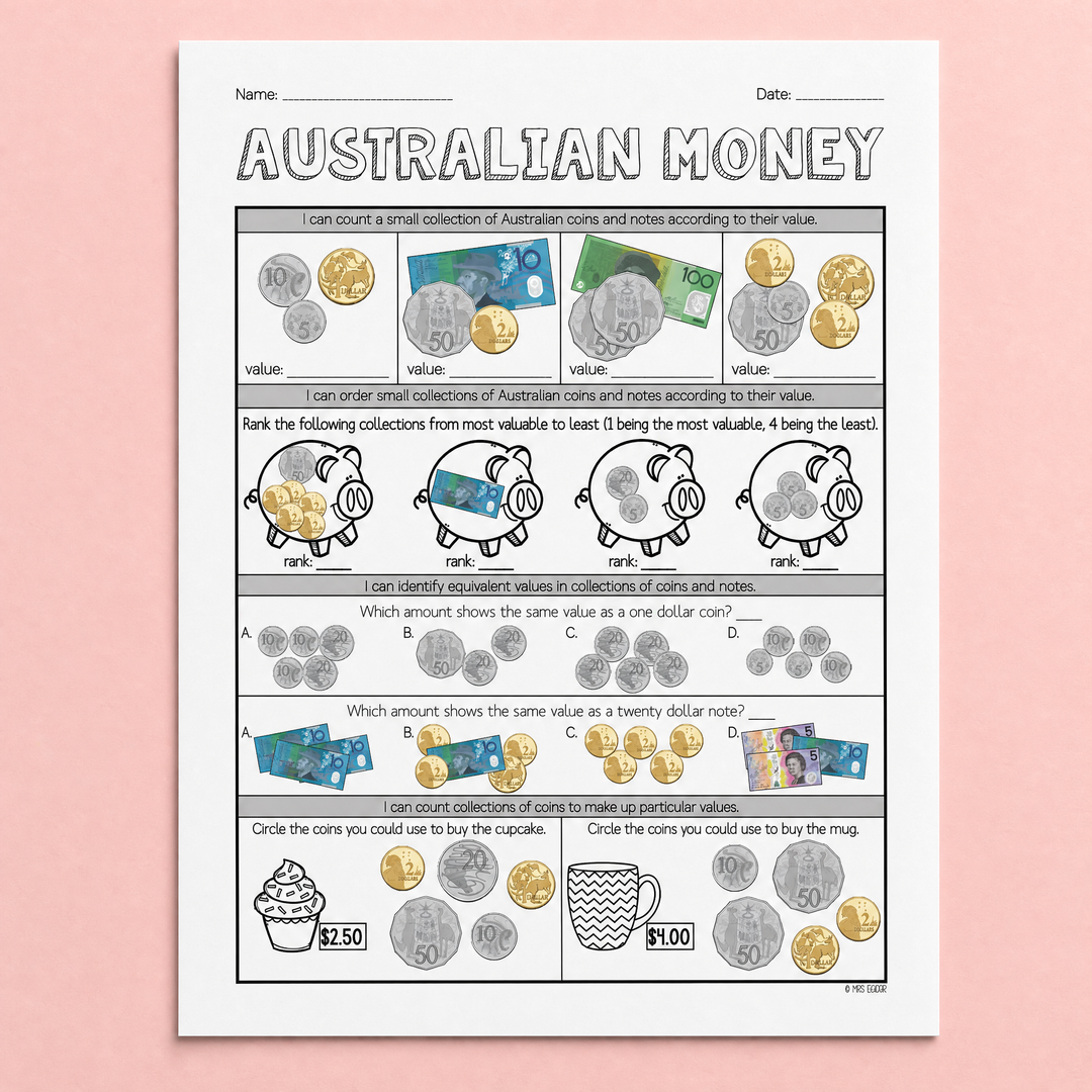 An engaging Australian money worksheet designed to help students recognise, count, compare, and apply Australian coins and notes in real-world contexts. Students practise identifying coin and note values, ordering collections from greatest to least, recognising equivalent amounts, and selecting correct combinations of money to match prices. Perfect for developing financial literacy, number sense, and practical maths skills through hands-on and visual learning activities.