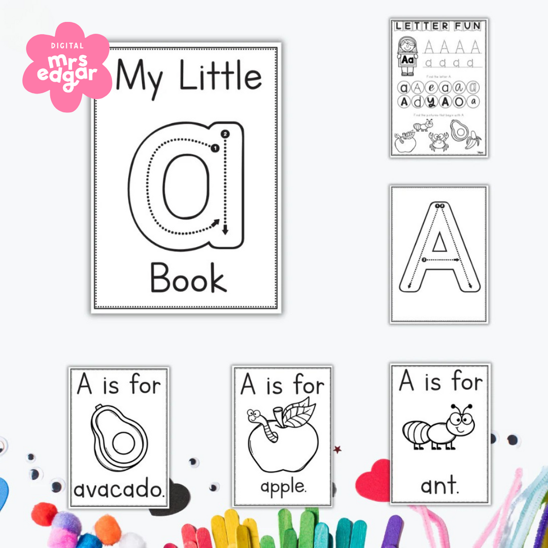 Letter A printable book and phonics activity for early learners. Includes tracing, vocabulary cards, and “A is for” pictures like apple and ant.