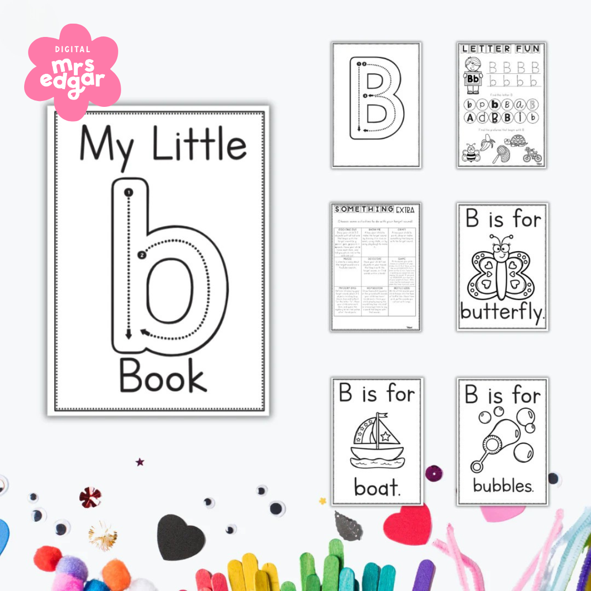 Early learning worksheets for the letter B featuring tracing, colouring pages, and words like butterfly, boat, and bubbles.
