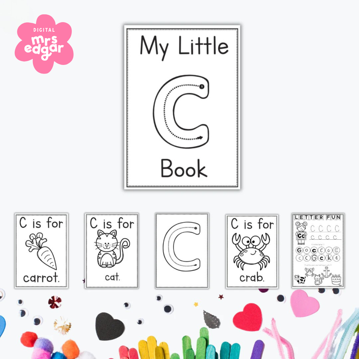 Early learning worksheets for the letter C featuring tracing, colouring pages, and words like carrot, cat, and crab.