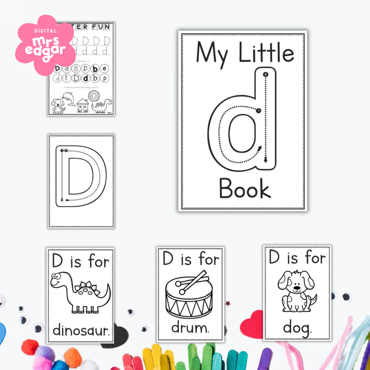 Early learning worksheets for the letter 
 D featuring tracing, colouring pages, and words like dinosaur, drum, and dog.