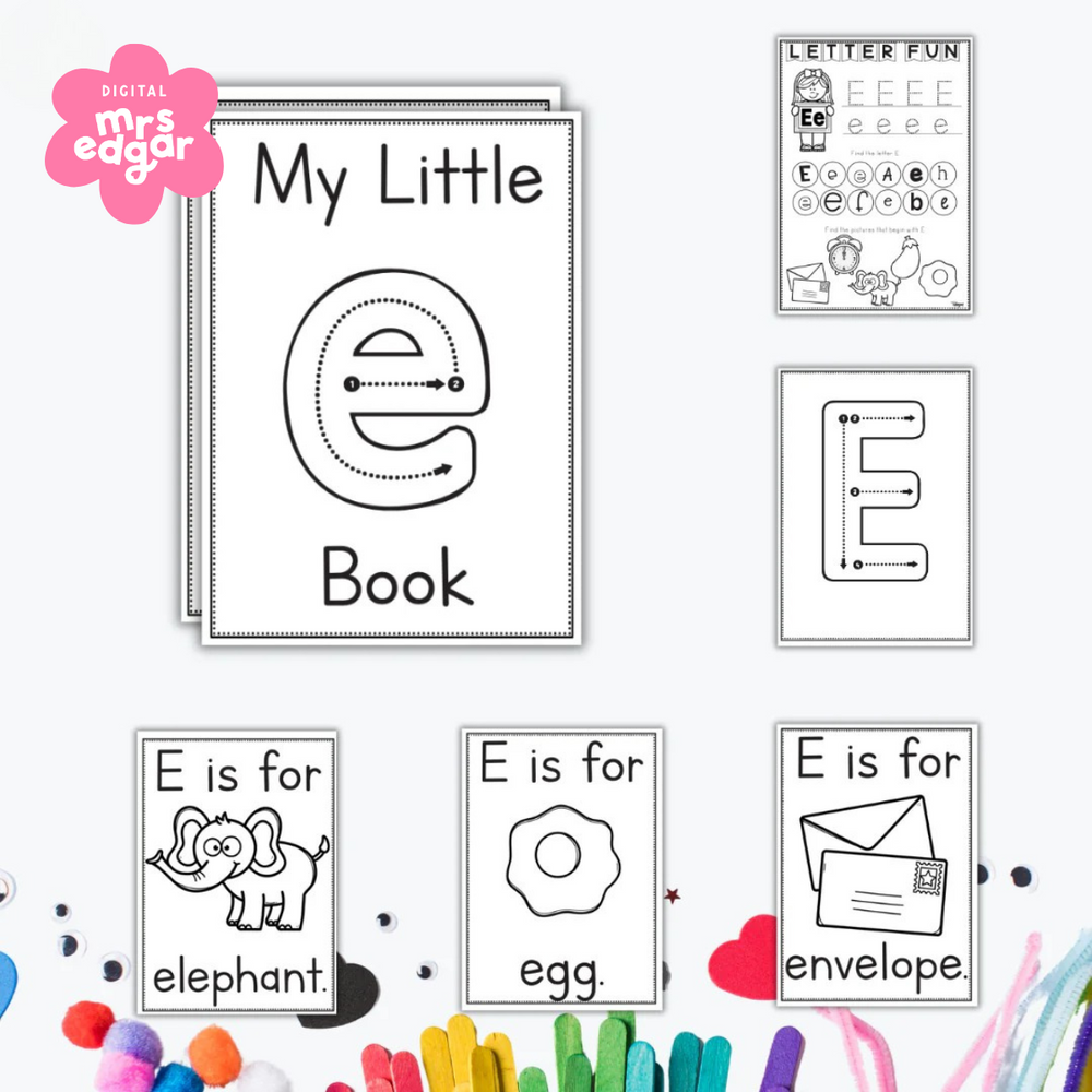 Early learning worksheets for the letter E featuring tracing, colouring pages, and words like elephant, egg, and envelope.