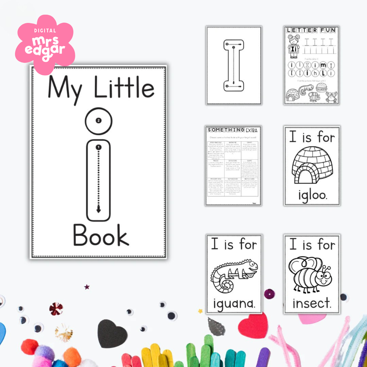 Letter I phonics activity pack with tracing, handwriting, and vocabulary cards featuring igloo, iguana, and insect. Designed for preschool and kindergarten early literacy.