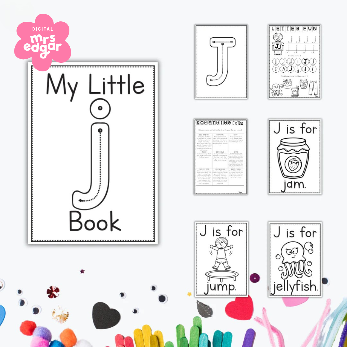 Early learning worksheets for the letter 
 J featuring tracing, colouring pages, and words like jump, jellyfish, and jam.