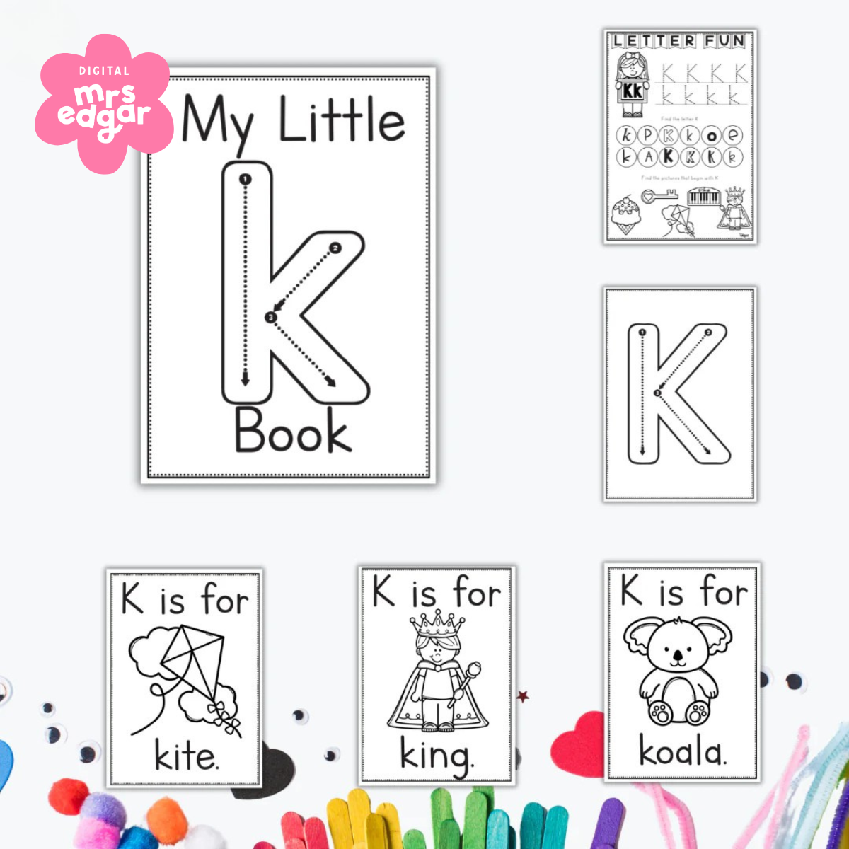 Early learning worksheets for the letter K featuring tracing, colouring pages, and words like kite, king, and koala.