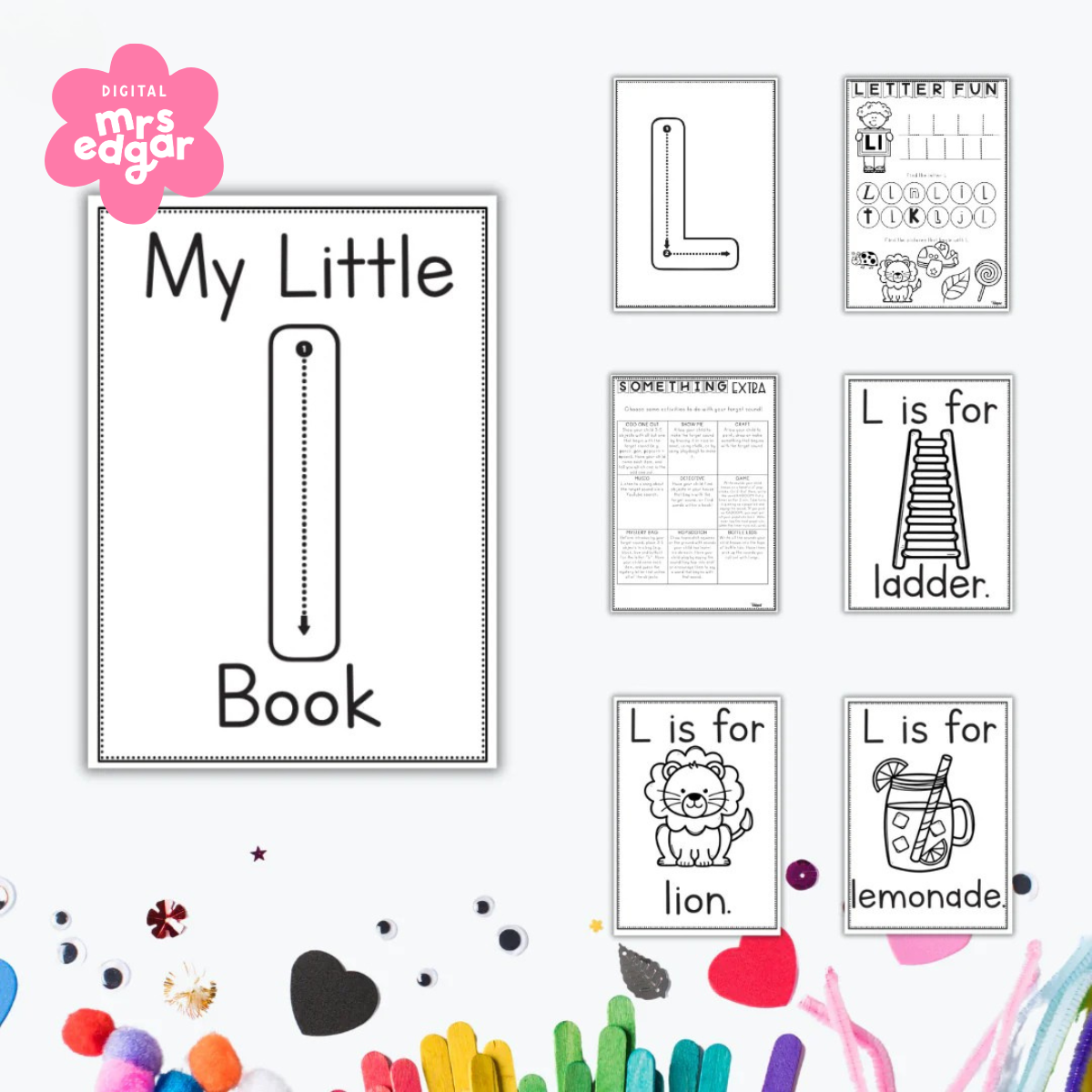 Early learning worksheets for the letter L featuring tracing, colouring pages, and words like lion, ladder, and lemonade.