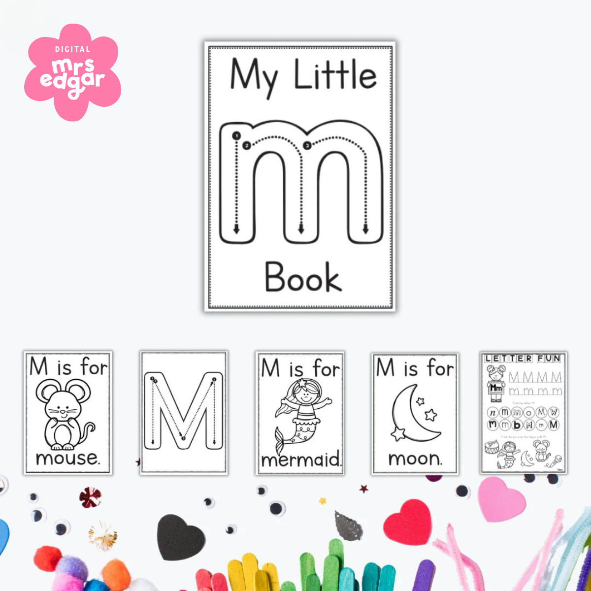 My Little M Book with tracing, vocabulary cards, and phonics practice featuring words like mermaid, moon, and mouse. Includes craft visuals and letter formation guides for preschool and kindergarten learners.